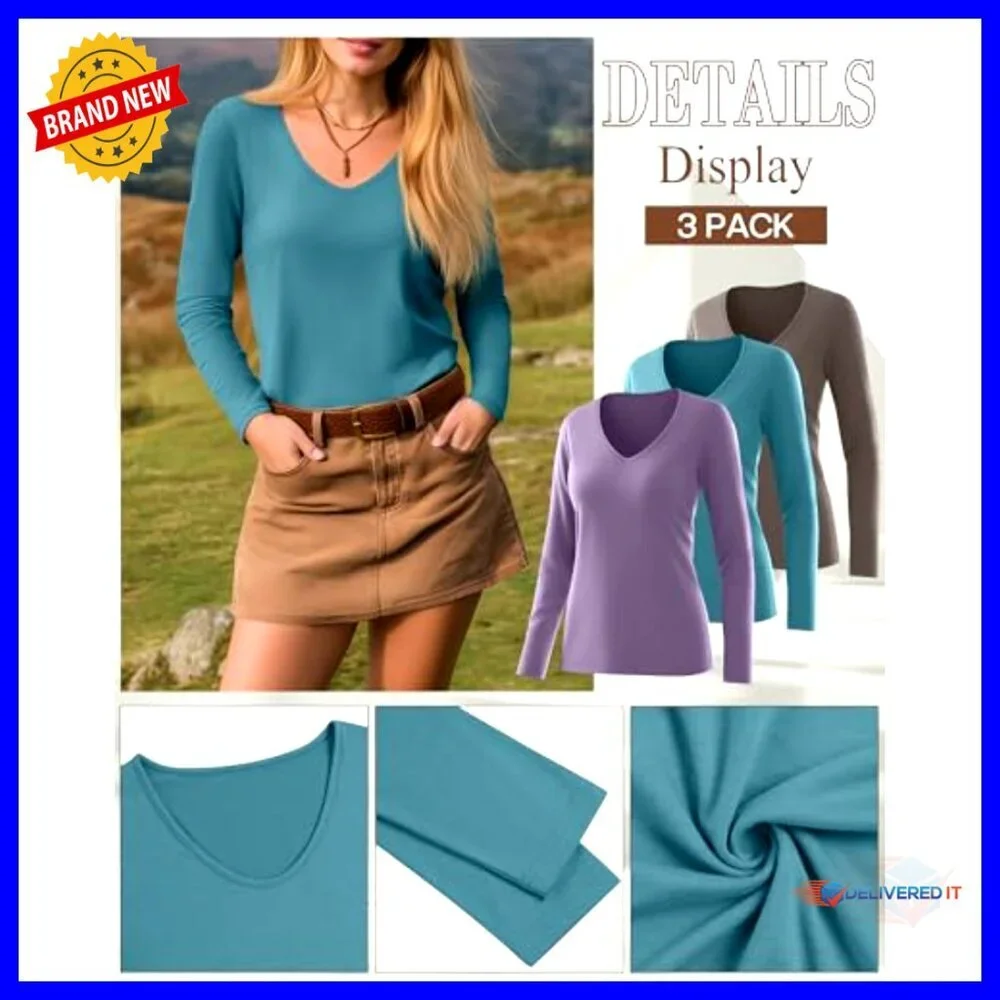 3 Pack Long Sleeve V-Neck T-Shirts, Loose Fit Casual Tops, Soft Polyester Blend - Picture 5 of 7